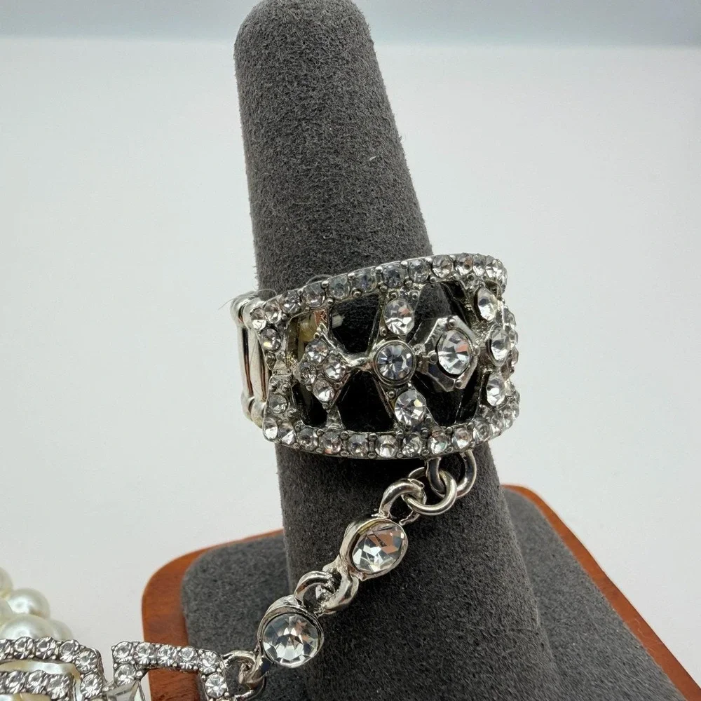 Vintage 50s Style Triple Row Faux Pearl Rhinestone Statement Bracelet Jewelry